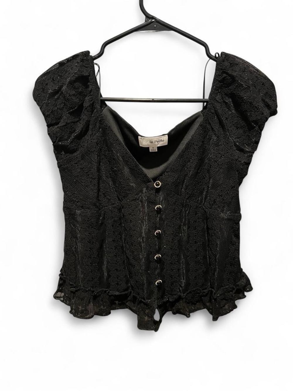 Black Lace Puff-Sleeve Button Blouse